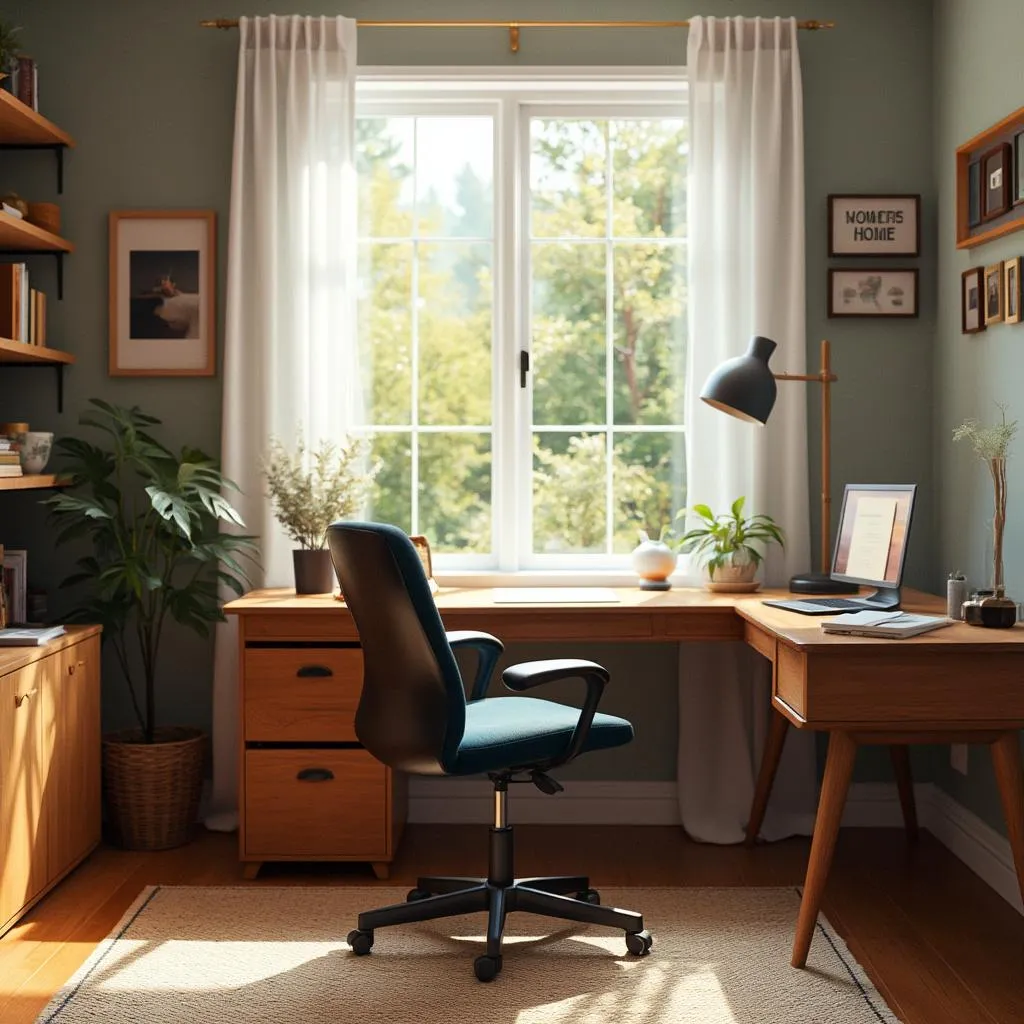 Espacio de trabajo en casa, luminoso y ordenado